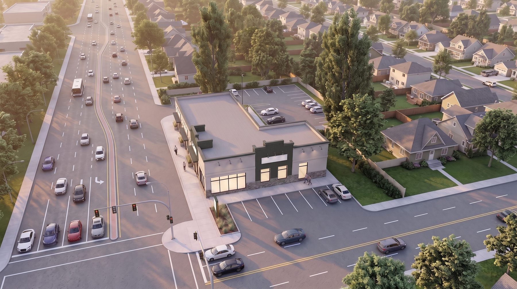 Aerial rendering of the building at the northeast corner of Crowchild Trail and Kensington Road, with front parking and a rear parking lot.