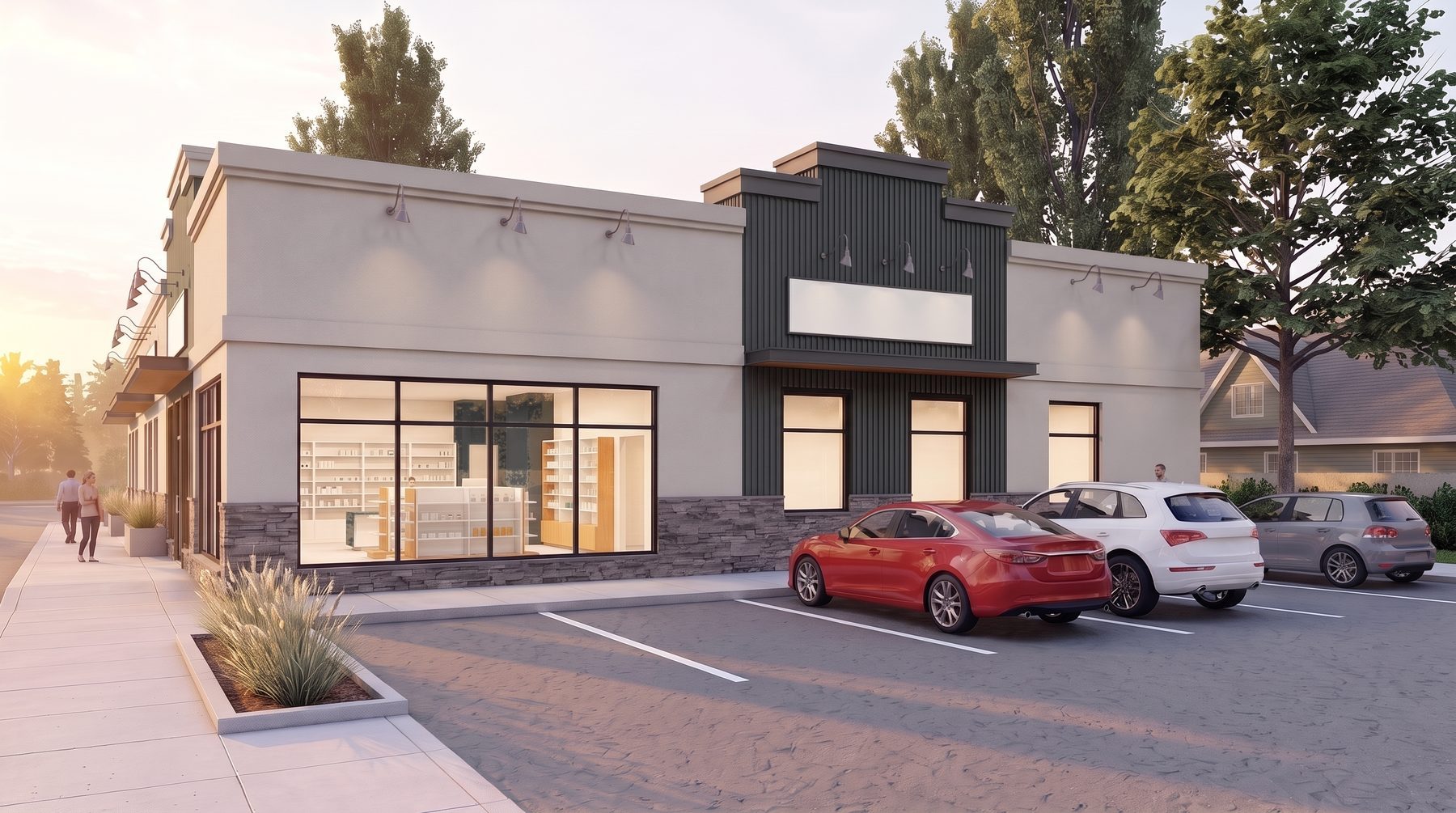Rendering of the corner storefront from Kensington Road in the graphite scheme, with parking at the door.