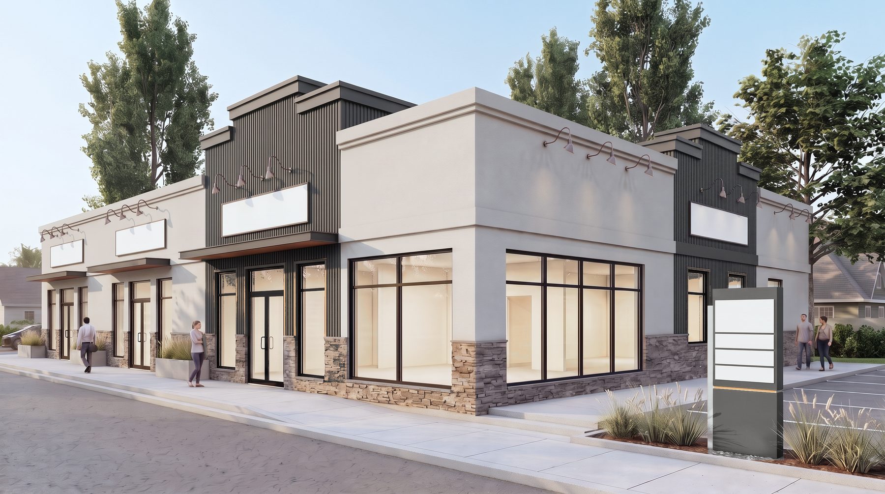 Rendering of 2440 Kensington Road NW refreshed as Kensington Corner: a single-storey building with graphite ribbed-metal towers, chalk stucco, a stone base, storefront glazing and a graphite corner pylon.