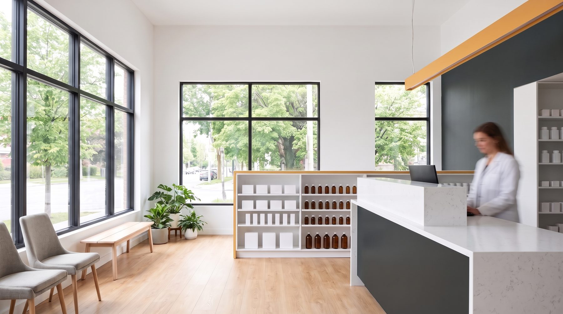 Rendering of a bright corner storefront fitted out as a community pharmacy.